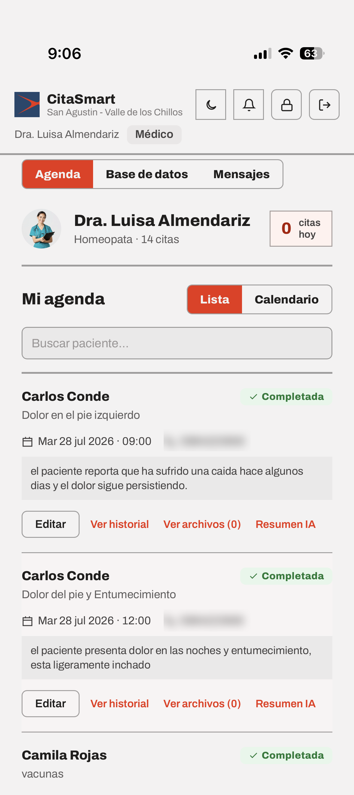 Captura real de la agenda de CitaSmart